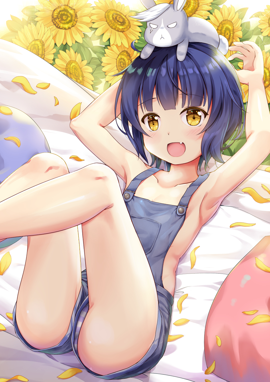 :d animal animal_on_head arms_up bangs bare_arms bare_legs bare_shoulders blue_hair breasts bunny bunny_on_head collarbone commentary_request eyebrows_visible_through_hair fang flower gochuumon_wa_usagi_desu_ka? highres jouga_maya looking_at_viewer lying niiya no_bra on_back on_head open_mouth overalls panties petals scar scar_across_eye short_hair small_breasts smile striped striped_panties underwear wild_geese yellow_eyes yellow_flower