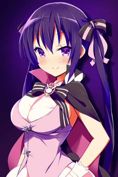 9law blush breasts cosplay gochuumon_wa_usagi_desu_ka? hair_ornament hair_ribbon large_breasts phantom_thief_lapin phantom_thief_lapin_(cosplay) purple_eyes purple_hair ribbon sideboob smile solo tedeza_rize twintails