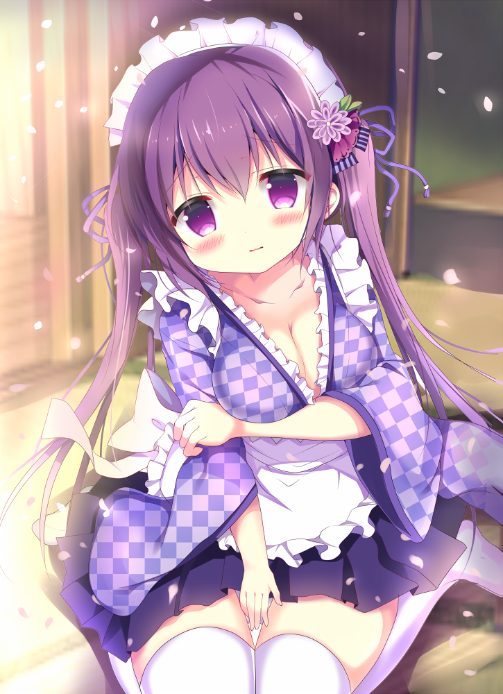 apron arm_under_breasts azumi_kazuki bangs blue_skirt blurry blurry_background blush breast_hold breasts checkered checkered_kimono cleavage collarbone covering covering_crotch eyebrows_visible_through_hair gochuumon_wa_usagi_desu_ka? hair_ornament head_tilt indoors japanese_clothes kimono long_hair looking_at_viewer maid_headdress medium_breasts panties pantyshot petals pleated_skirt purple_eyes purple_hair purple_neckwear sitting skirt solo tedeza_rize thigh_gap thighhighs twintails underwear wa_maid waitress wariza wavy_mouth white_apron white_legwear white_panties