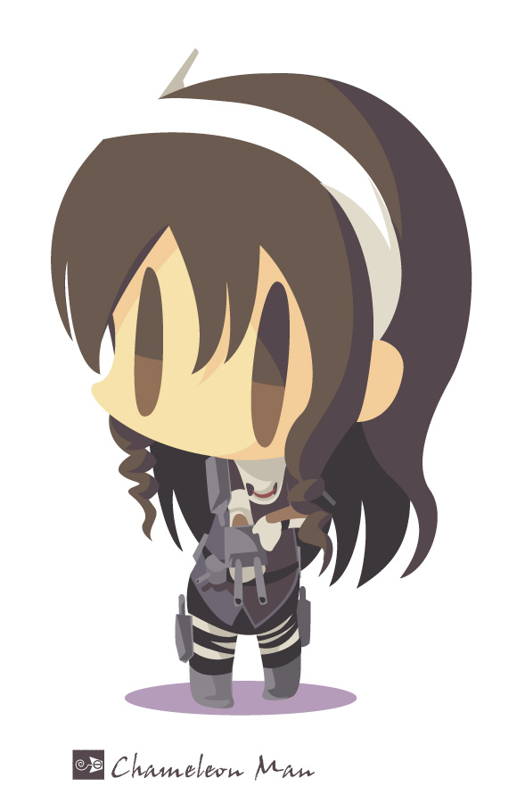 artist_name ashigara_(kantai_collection) bad_id bad_pixiv_id brown_eyes brown_hair cannon chameleon_man_(three) chibi full_body hairband kantai_collection long_hair no_lineart no_mouth simple_background solo standing white_background