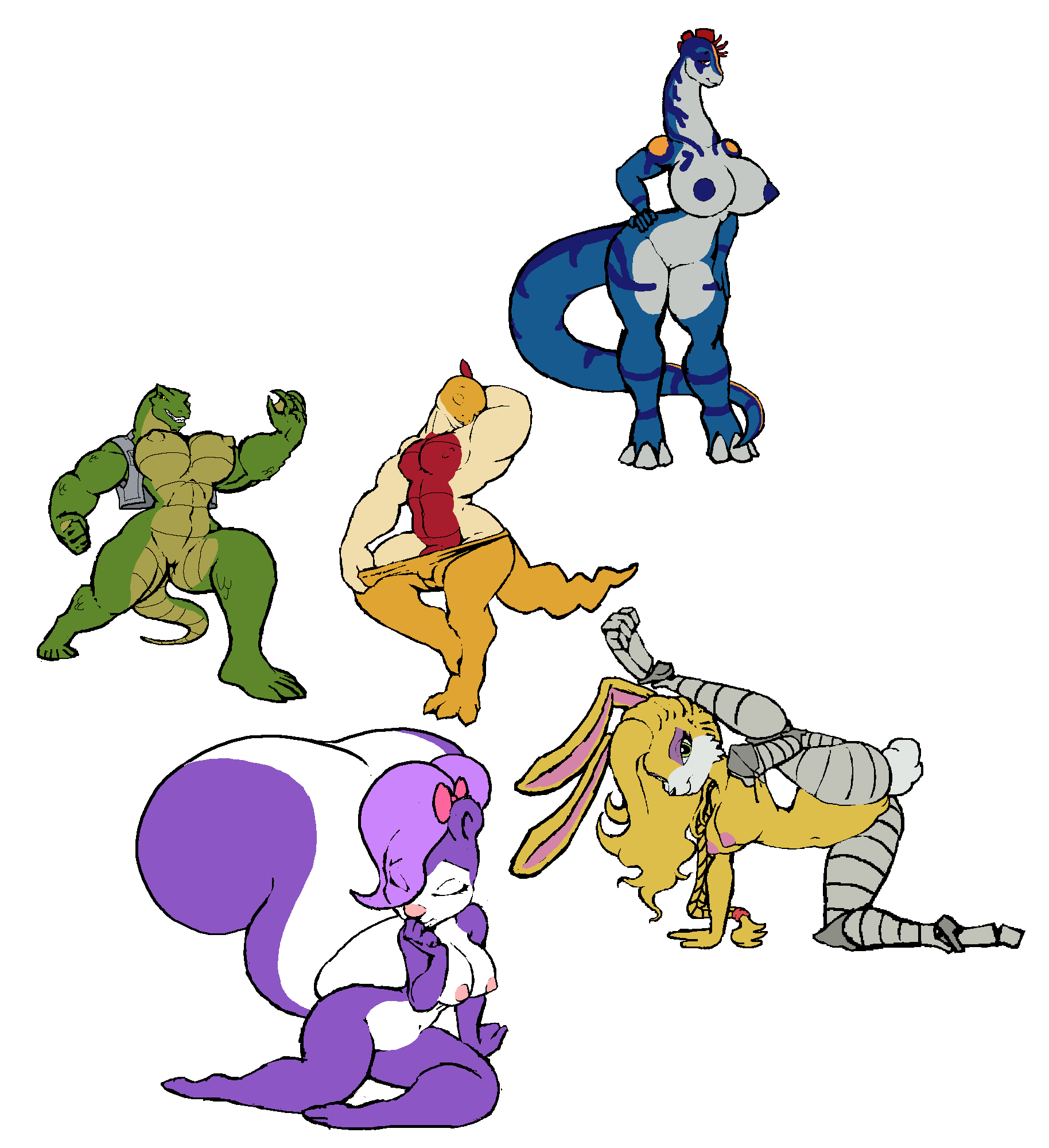 anthro breasts bulge bunnie_rabbot clothed clothing dickgirl dinosaur eddy-boy female fifi_la_fume group intersex lagomorph mammal multiple_images muscular muscular_female nipples penis pussy rabbit reptile scalie skunk smile sonic_(series) standing thick_thighs tiny_toon_adventures topless voluptuous warner_brothers wide_hips