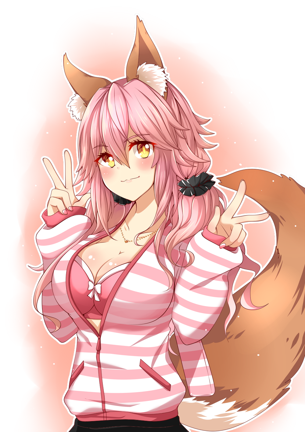 animal_ears blush bra breasts cleavage collarbone fate/extra fate/extra_ccc fate_(series) fox_ears fox_tail highres jewelry large_breasts looking_at_viewer nail_polish necklace open_clothes open_shirt pink_bra pink_hair rua_(abcd29211) shirt solo striped striped_shirt tail tamamo_(fate)_(all) tamamo_no_mae_(fate) twintails underwear yellow_eyes