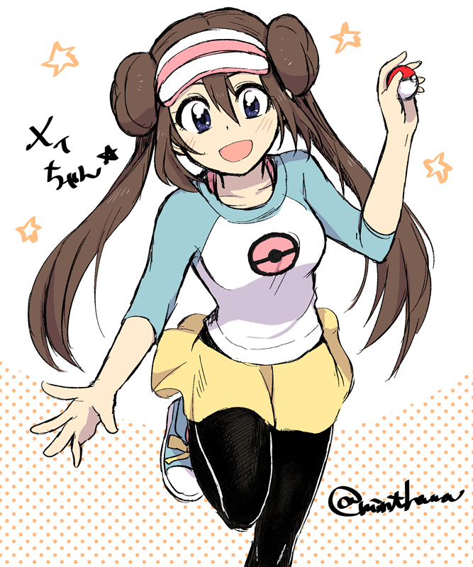 bad_id bad_pixiv_id blue_eyes breasts brown_hair commentary_request double_bun gensi holding holding_poke_ball legwear_under_shorts long_hair medium_breasts mei_(pokemon) pantyhose poke_ball poke_ball_(generic) pokemon pokemon_(game) pokemon_bw2 raglan_sleeves shorts solo twintails visor_cap