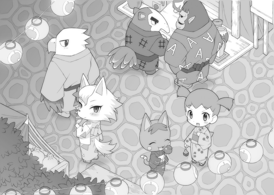 2013 ai_(animal_crossing) animal_crossing anthro apollo_(animal_crossing) bird's-eye_view blush candy_apple canine cesar_(animal_crossing) clothed clothing cyrano_(animal_crossing) eyes_closed fan_(disambiguation) female food fur group high-angle_view japanese_clothing kemono kimono lantern looking_back male mammal monochrome nintendo open_mouth outside paper_lantern rosie_(animal_crossing) smile standing uchiwa_fan video_games washimori whitney_(animal_crossing) wolf