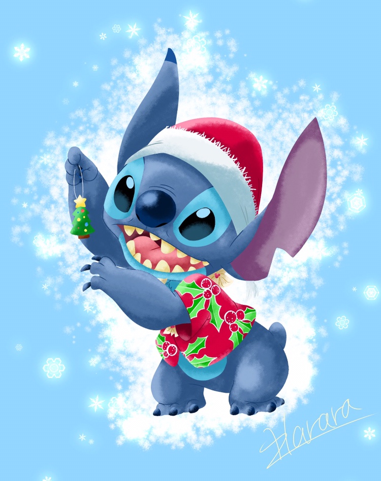 2018 4_fingers 4_toes alien blue_background blue_claws blue_eyes blue_fur blue_nose bottomless chest_tuft christmas christmas_ornament claws clothed clothing disney experiment_(species) fur harara hat hawaiian_shirt hidden_mickey holding_object holidays lilo_and_stitch notched_ear open_mouth open_smile santa_hat shirt signature simple_background small_tail smile snowflake solo stitch toes tuft