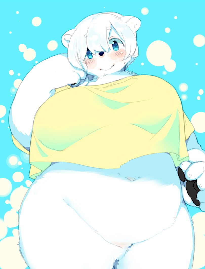 anthro bear belly big_breasts blue_eyes blush bottomless breasts clothed clothing female fur hair kishibe looking_at_viewer mammal navel overweight overweight_female pawpads polar_bear shirt smile solo standing thick_thighs voluptuous white_fur white_hair wide_hips