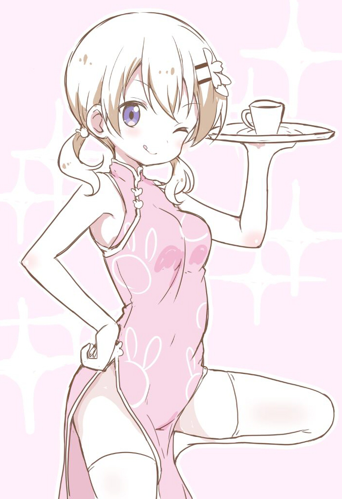 ;q animal_print bangs bare_arms bare_shoulders blush breasts bunny_print china_dress chinese_clothes closed_mouth coffee cup dress eyebrows_visible_through_hair gochuumon_wa_usagi_desu_ka? hair_between_eyes hair_ornament hairclip hand_on_hip holding holding_tray hoto_cocoa itamochi long_hair low_twintails medium_breasts one_eye_closed partially_colored pelvic_curtain pink_background pink_dress print_dress purple_eyes saucer sleeveless sleeveless_dress smile solo sparkle standing standing_on_one_leg teacup thighhighs tongue tongue_out tray twintails
