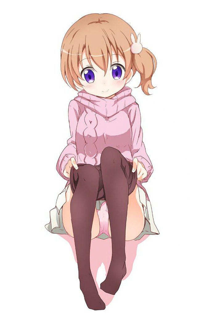 aran_sweater bangs blush breasts brown_legwear bunny_hair_ornament closed_mouth eyebrows_visible_through_hair gochuumon_wa_usagi_desu_ka? hair_between_eyes hair_ornament hoto_cocoa itamochi long_sleeves looking_at_viewer no_shoes orange_hair panties pantyhose pantyhose_pull pantyshot pantyshot_(sitting) pink_panties pink_sweater pleated_skirt purple_eyes shadow short_hair side_ponytail sitting skirt small_breasts smile solo sweater underwear undressing upskirt white_background white_skirt