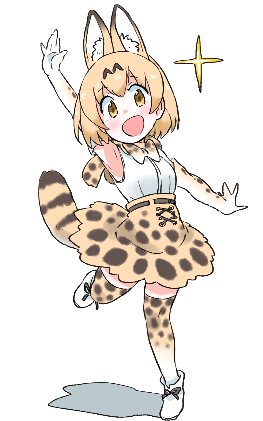 :d animal_ears animal_print blonde_hair bow bowtie commentary_request elbow_gloves extra_ears eyebrows_visible_through_hair gloves hands_up high-waist_skirt highres kemono_friends leopard_print open_mouth sandstar serval_(kemono_friends) serval_ears serval_print serval_tail shadow short_hair simple_background skirt smile standing standing_on_one_leg tail thighhighs white_background yellow_eyes zettai_ryouiki zk_(zk_gundan)
