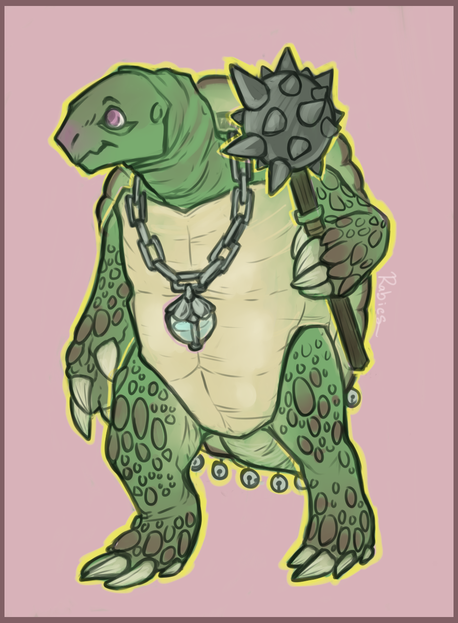 anthro claws dungeons_&amp;_dragons holding_object holding_weapon jewelry mace melee_weapon mostly_nude necklace pendant petalshell pink_background rabid-dragoness reptile scalie simple_background solo tortle turtle weapon