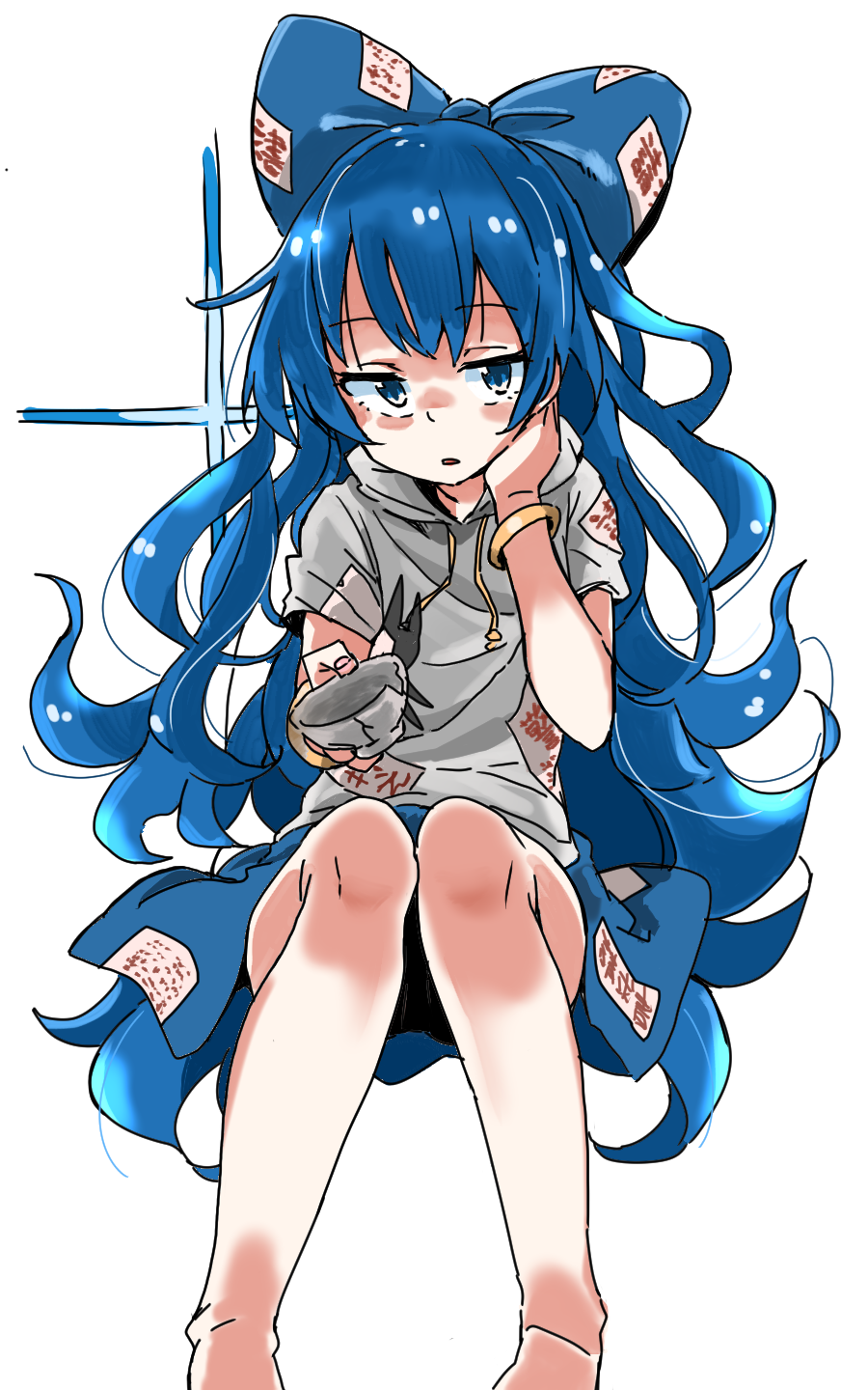 bangle bare_legs barefoot blue_bow blue_eyes blue_hair blue_skirt bow bracelet cup debt drawstring expressionless eyebrows_visible_through_hair feet_out_of_frame grey_shirt hair_bow hand_on_own_chest highres holding holding_cup jewelry large_bow long_hair looking_at_viewer parted_lips sanpaku shaded_face shiny shiny_hair shirt short_sleeves simple_background skirt solo stuffed_animal stuffed_toy touhou very_long_hair wavy_mouth white_background yorigami_shion zk_(zk_gundan)