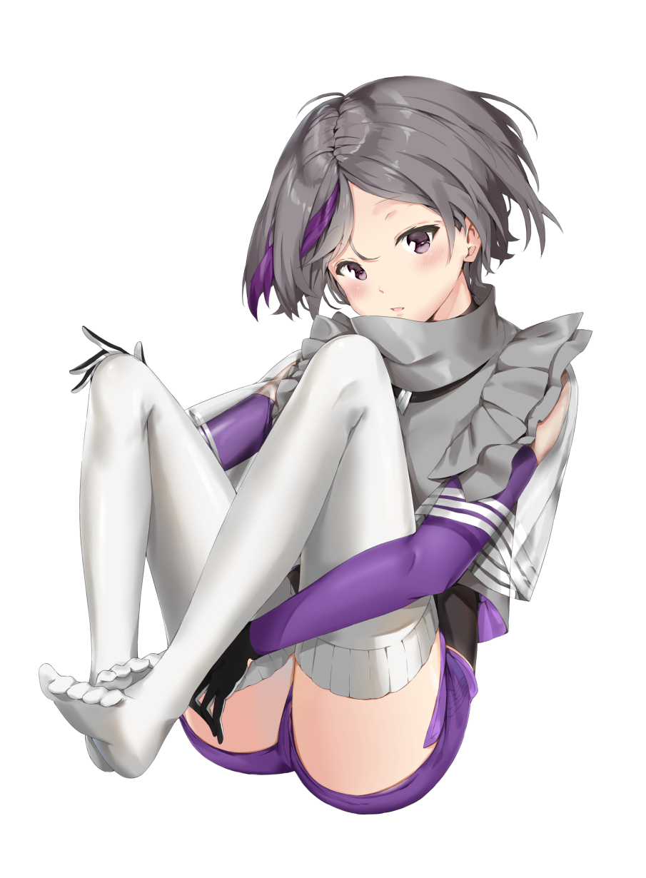 ass blush eyebrows_visible_through_hair feet_together frilled_shirt_collar frills girls_frontline gloves grey_hair grey_shirt highres knees_apart_feet_together looking_at_viewer multicolored_hair no_shoes open_mouth pants pixel_(yuxian) purple_hair purple_pants shirt short_hair short_shorts shorts simple_background sitting solo streaked_hair thighhighs thompson/center_contender_(girls_frontline) white_background white_legwear