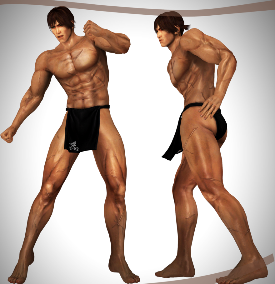 2boys abs ass barefoot brown_hair dead_or_alive feet green_eyes male_focus multiple_boys muscle ninja_gaiden pecs ponytail pose ryu_hayabusa scar shirtless short_hair simple_background underwear