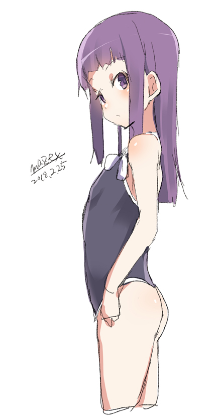 ass bangs bare_arms bare_shoulders black_swimsuit blush closed_mouth cowboy_shot cropped_legs dated eyebrows_visible_through_hair in_swimsuit long_hair looking_at_viewer looking_to_the_side maze_(gochama_ze_gohan) one-piece_swimsuit original purple_eyes purple_hair signature simple_background sketch solo swim_cap_removed swimsuit white_background