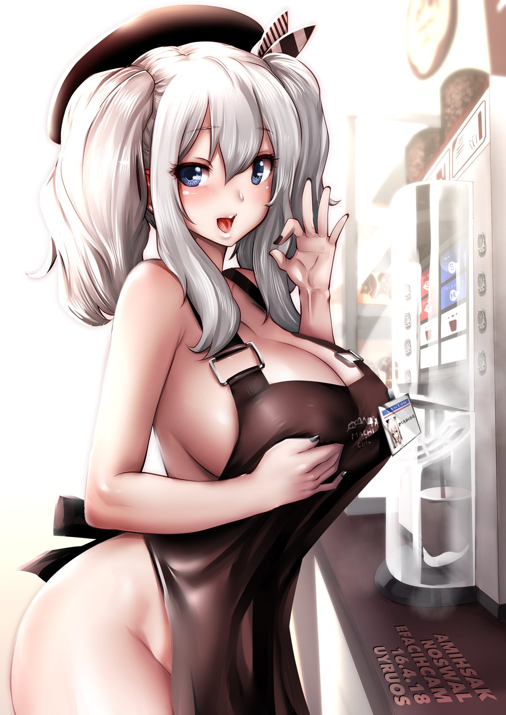 :d apron backwards_text bangs bare_shoulders beret black_hat black_nails blue_eyes blush breasts brown_apron cleavage clothes_writing coffee coffee_cup commentary_request cowboy_shot cup disposable_cup employee_uniform eyebrows_visible_through_hair fellatio_gesture from_side groin hat hat_ribbon highres indoors kantai_collection kashima_(kantai_collection) large_breasts leaning_forward looking_at_viewer looking_to_the_side nail_polish naked_apron name_tag open_mouth ribbon shiny shiny_hair sidelocks silver_hair smile solo souryu standing steam twintails uniform