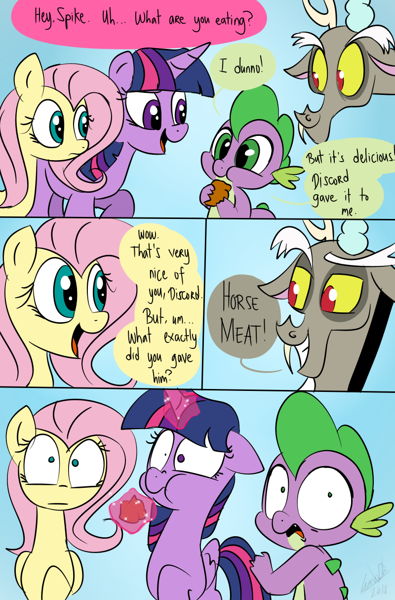 2018 comic dialogue discord_(mlp) draconequus dragon emositecc english_text equine female feral fluttershy_(mlp) food friendship_is_magic group hair horn magic mammal my_little_pony pegasus spike_(mlp) text twilight_sparkle_(mlp) winged_unicorn wings