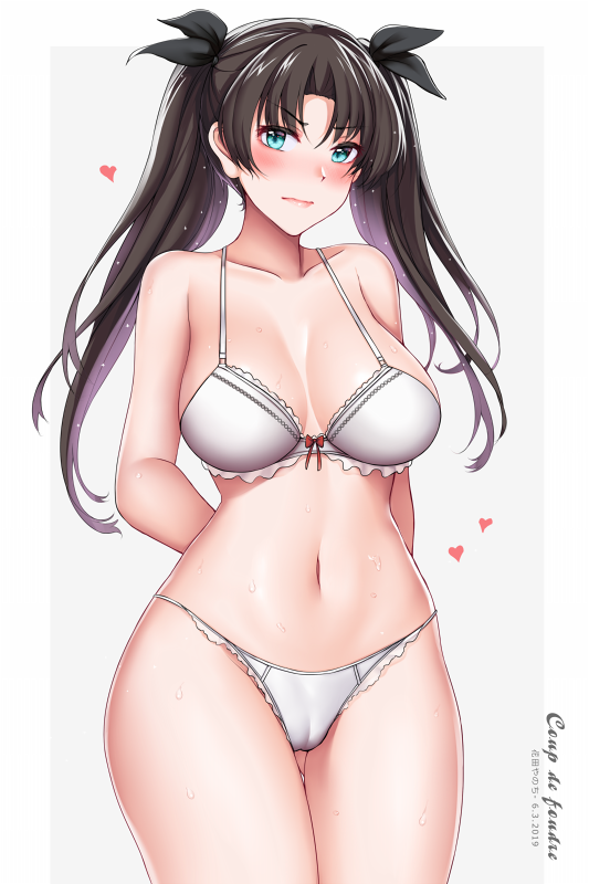 alternate_breast_size arms_behind_back artist_name ass_visible_through_thighs bangs black_hair blue_eyes blush bra breasts cowboy_shot cursive dated fate/stay_night fate_(series) french frilled_bra frilled_panties frills grey_background hair_ribbon hanada_yanochi heart large_breasts light_frown long_hair looking_at_viewer navel outside_border panties parted_bangs ribbon solo standing sweat thigh_gap toosaka_rin twintails underwear underwear_only white_bra white_panties