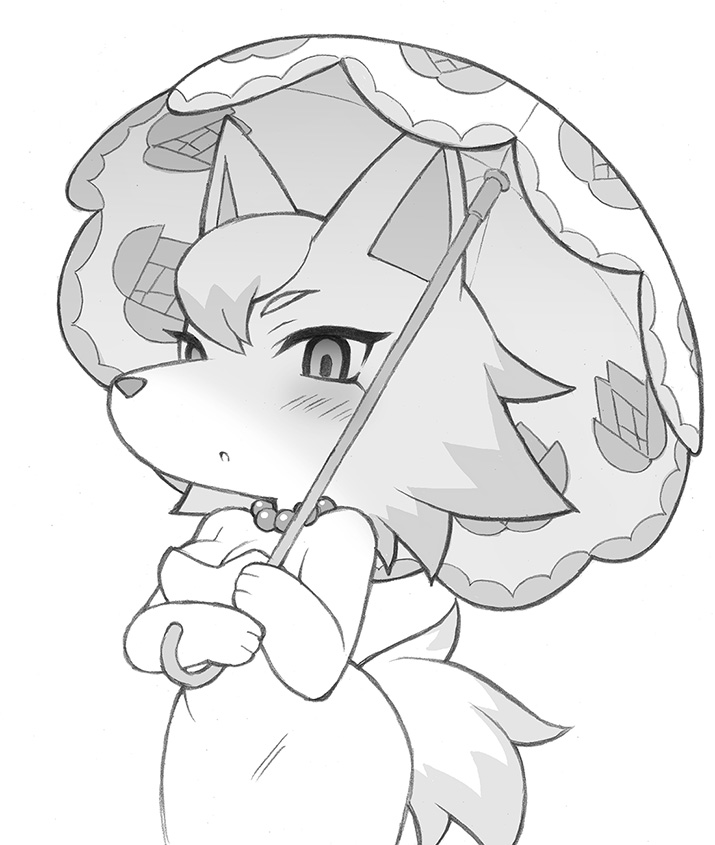 animal_crossing anthro blush breasts canine cleavage clothed clothing dress female fur jewelry kemono looking_at_viewer mammal monochrome necklace nintendo open_mouth simple_background solo umbrella video_games washimori white_background whitney_(animal_crossing) wolf