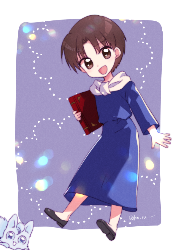 :d akazukin_chacha arm_at_side bangs black_footwear blue_dress book brown_hair commentary_request creature dress eyebrows_visible_through_hair full_body holding holding_book koruri long_sleeves looking_at_viewer no_socks open_mouth outside_border parted_bangs purple_background riiya_(akazukin_chacha) shiine_(akazukin_chacha) shoes short_hair smile tareme twitter_username