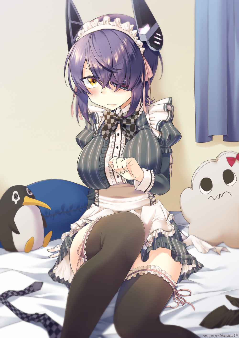 &gt;:( alternate_costume apron bed bed_sheet black_bow black_legwear black_neckwear blush bow breasts center_frills character_doll checkered checkered_bow closed_mouth curtains dress enmaided eyepatch failure_penguin feet_out_of_frame frilled_apron frills grey_dress headgear highres juliet_sleeves kantai_collection knee_up kotobuki_(momoko_factory) large_breasts leg_garter long_sleeves looking_at_viewer maid maid_headdress miss_cloud necktie necktie_removed on_bed one_eye_covered petticoat pillow pink_ribbon puffy_sleeves purple_hair ribbon short_hair sitting solo striped tenryuu_(kantai_collection) thighhighs v-shaped_eyebrows vertical-striped_dress vertical_stripes waist_apron white_apron yellow_eyes