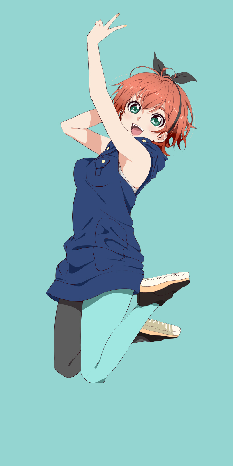 bow fashion green_eyes green_legwear hair_bow highres looking_at_viewer open_mouth original pantyhose red_hair saitoyu00 shoes short_hair simple_background solo v