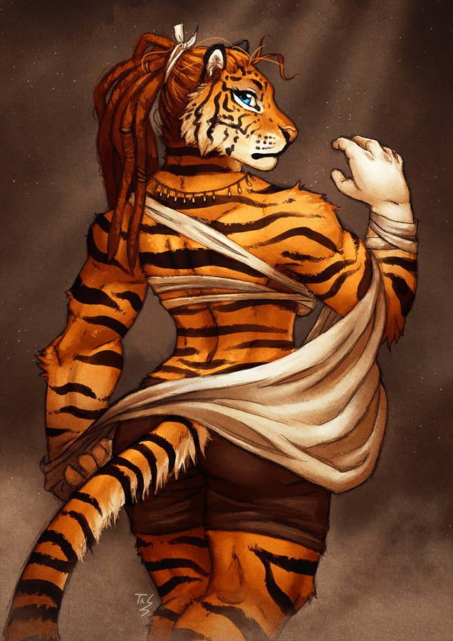 anthro back_muscles blue_eyes butt_pose cheek_tuft chest_wraps clothed clothing dreadlocks feline female fur jewelry looking_at_viewer looking_back mammal necklace rear_view solo standing striped_fur stripes tasanko tiger tuft wraps