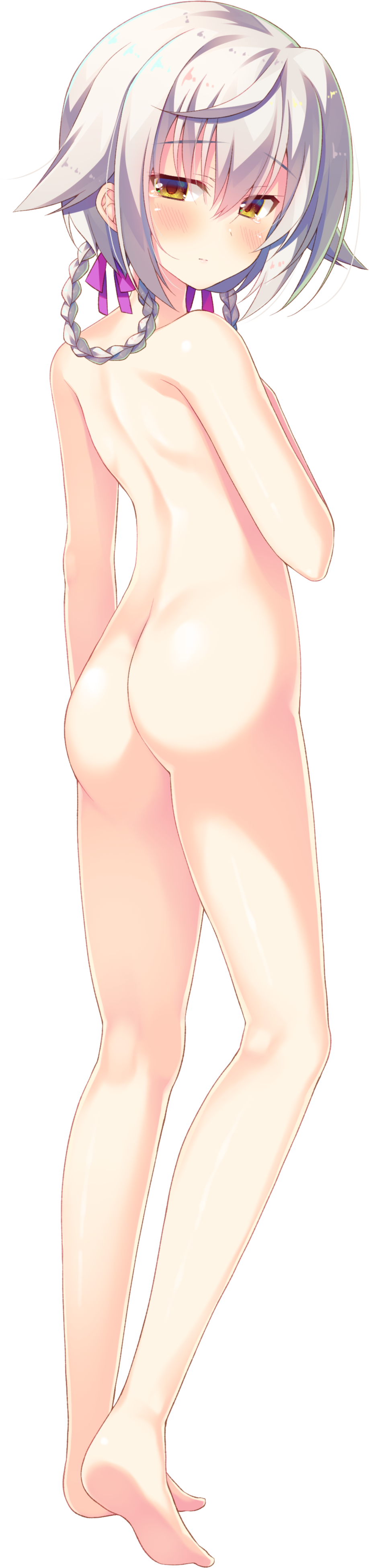 absurdres ass barefoot blush braid eyebrows_visible_through_hair full_body hair_flaps highres long_hair long_image looking_at_viewer looking_back non-web_source nude official_art rin_(shougun-sama_wa_otoshigoro) shougun-sama_wa_otoshigoro shouna_mitsuishi solo tall_image tears transparent_background white_hair yellow_eyes