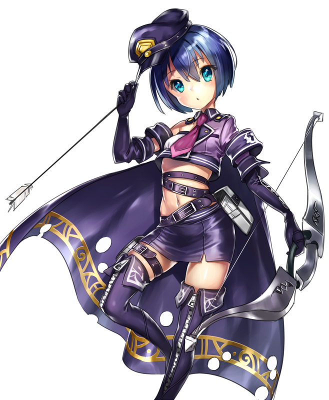 arrow belt blue_eyes blue_hair bow bow_(weapon) cape commentary_request crop_top elbow_gloves emil_chronicle_online gloves hand_on_headwear hat hat_tip holding holes nakasaki_hydra necktie pouch purple_legwear purple_shirt shirt short_hair simple_background skirt solo thighhighs uniform weapon white_background zipper