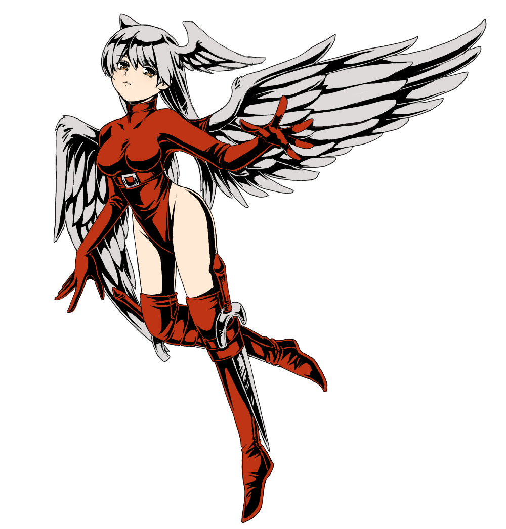 angel_wings bangs belt belt_buckle boots breasts brown_eyes buckle closed_mouth collarbone colored_eyelashes eyebrows_visible_through_hair facing_away feathered_wings feathers final_fantasy final_fantasy_tactics frown full_body groin hair_between_eyes head_wings highleg highleg_leotard holster leg_up leotard long_hair looking_at_viewer medium_breasts miracle_spirit red_belt red_footwear red_legwear red_leotard silver_hair silver_wings simple_background solo straight_hair sword thigh_boots thighhighs turtleneck ultima_(fft) weapon white_background wings