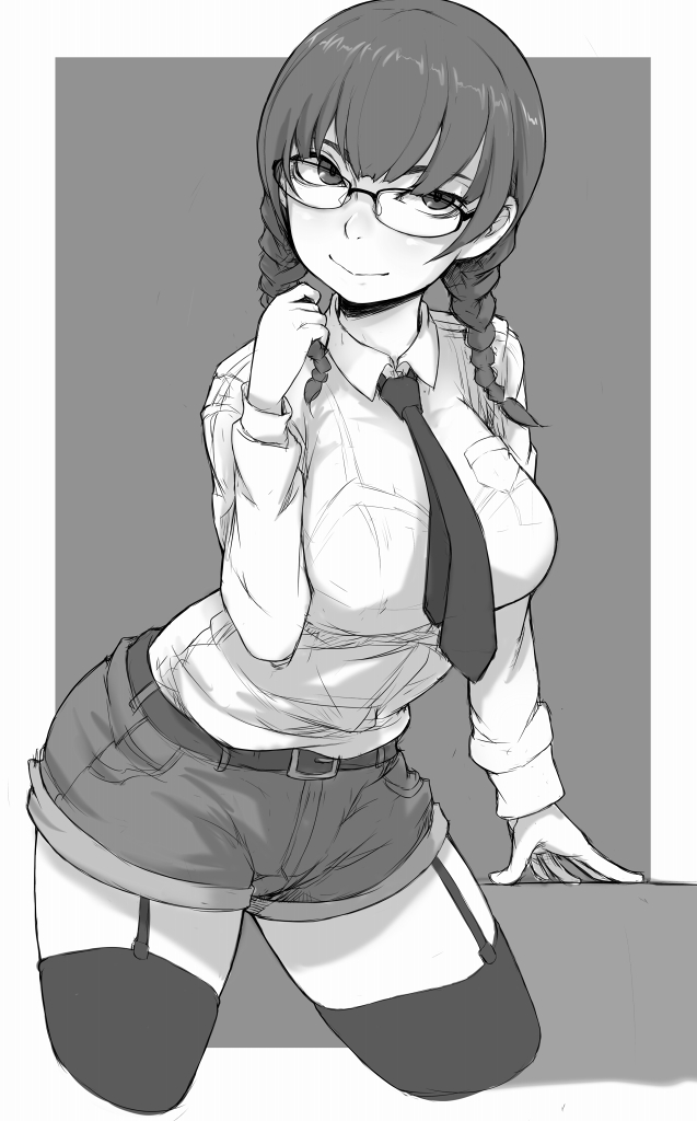 1girl bangs belt black_legwear braid breasts garter_straps glasses grey_background greyscale hand_up ina_(gokihoihoi) large_breasts leaning_forward long_hair looking_at_viewer monochrome necktie original shirt shorts smile solo standing thighhighs twin_braids white_shirt