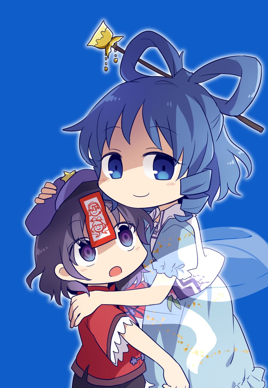 aqua_blouse aqua_skirt blouse blue_background blue_eyes blue_hair commentary_request d: drill_hair ear eyebrows_visible_through_hair eyes_visible_through_hair flat_cap hair_ornament hair_rings hair_stick hat height_difference highres hug jiangshi kaku_seiga looking_at_viewer looking_up miyako_yoshika multiple_girls ofuda open_mouth outstretched_arms petticoat puffy_short_sleeves puffy_sleeves purple_eyes purple_hair purple_hat red_shirt see-through shawl shirt short_hair short_sleeves simple_background skirt smile star touhou yamabuki_(yusuraume) zombie_pose