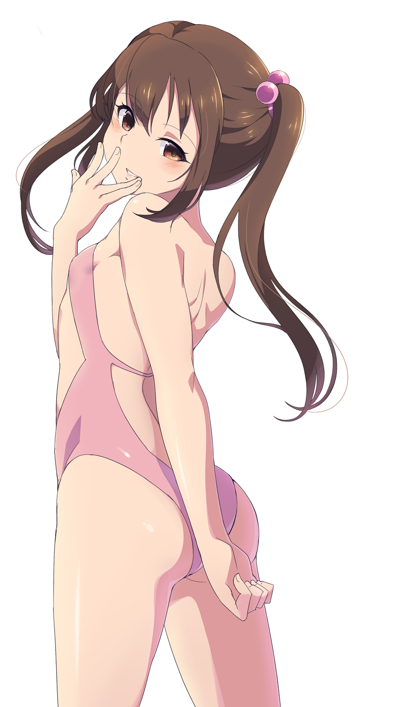 ass back backless_outfit blush brown_hair covering covering_ass covering_mouth flat_chest hair_bobbles hair_ornament highres kurosa_kichi long_hair looking_at_viewer one-piece_swimsuit parted_lips photokano pink_swimsuit sakura_mai_(photokano) seductive_smile simple_background smile solo standing swimsuit twintails white_background