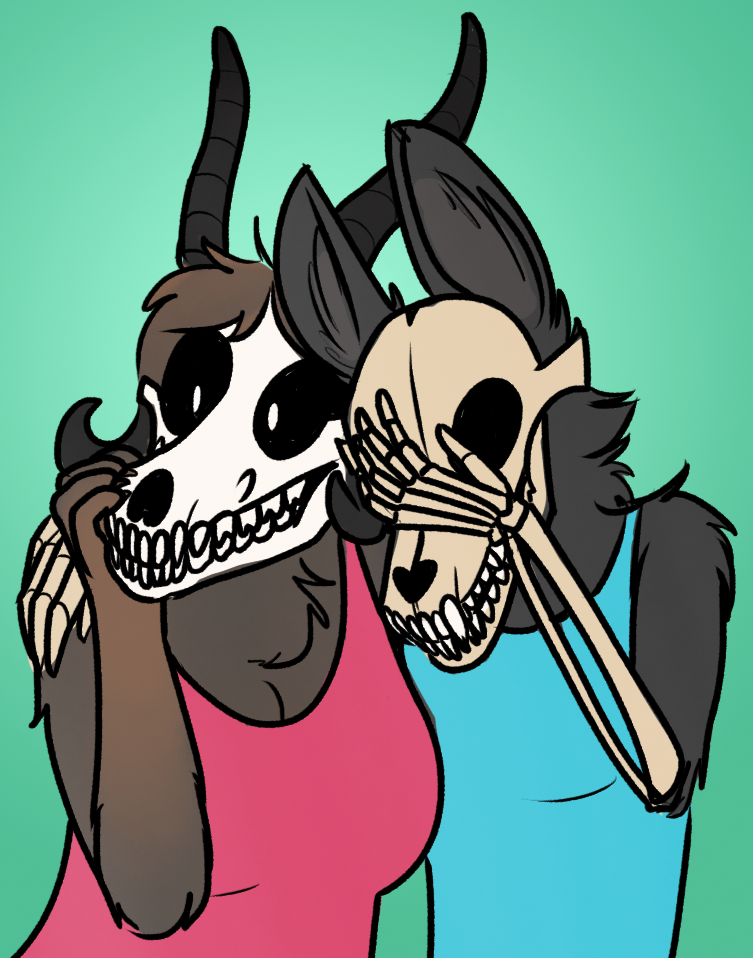 ambiguous_gender anthro black_background black_fur black_sclera bone breasts canine duo female fur horn kea_(artist) malo_0.9 malo_1.1 mammal meme monster multicolored_fur scp-1471 scp_foundation simple_background skull