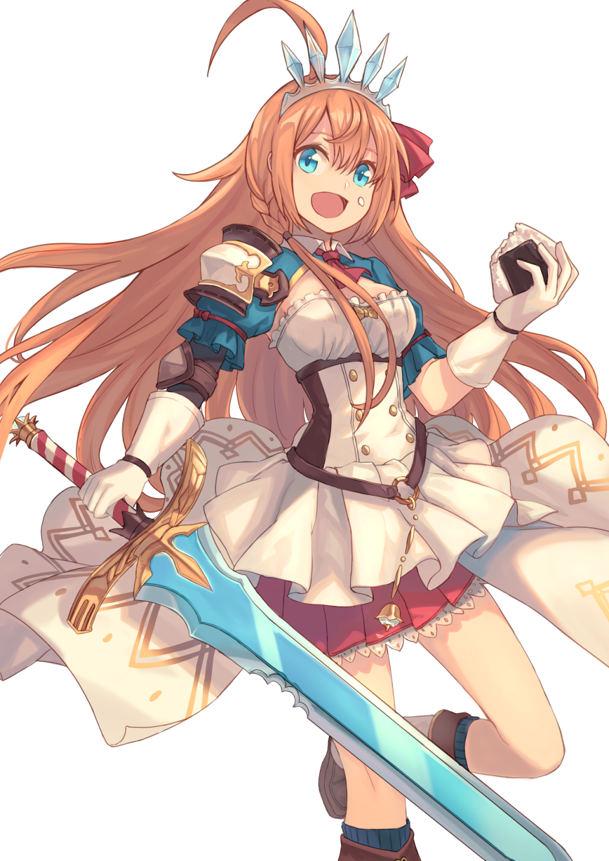 :d ahoge blue_eyes boots braid breasts brown_hair cleavage food food_on_face gloves highres huge_ahoge long_hair looking_at_viewer medium_breasts o-ring onigiri open_mouth pecorine peroncho princess_connect! princess_connect!_re:dive red_skirt skirt smile standing standing_on_one_leg sword tiara weapon white_gloves white_skirt