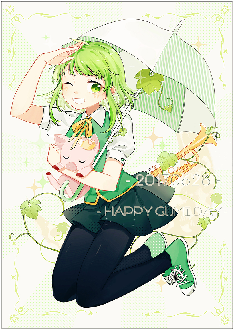 1girl ahoge animal arin_(fanfan013) bangs black_legwear collared_shirt commentary_request crown dated english full_body green_eyes green_footwear green_hair green_skirt green_vest grin gumi holding holding_animal holding_umbrella jumping miniskirt neck_ribbon one_eye_closed pantyhose pig plant pleated_skirt ribbon salute shirt shoes short_hair_with_long_locks short_sleeves sideways_glance skirt smile solo umbrella vest vines vocaloid white_shirt yellow_neckwear