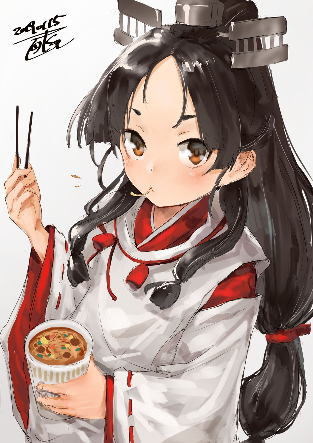 1girl black_hair brown_eyes chopsticks commentary cup_ramen dated detached_sleeves eating flat_chest from_above hair_ribbon headgear high_ponytail highres japanese_clothes kantai_collection long_hair long_sleeves looking_at_viewer miko multi-tied_hair nisshin_(kantai_collection) ponytail pun radar_hair_ornament red_ribbon ribbon ribbon-trimmed_sleeves ribbon_trim rubber_band short_eyebrows signature smile solo thick_eyebrows tied_hair toka_(marchlizard) upper_body very_long_hair wide_sleeves