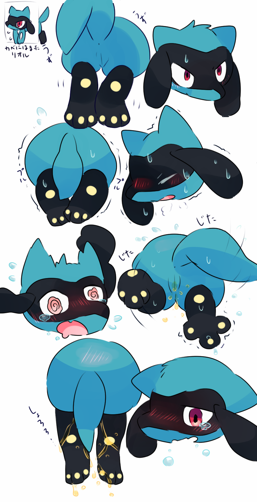 anus blush bound dripping_urine embarrassed female japanese_text nintendo omorashi open_mouth peeing pok&eacute;mon pok&eacute;mon_(species) pussy raised_tail red_eyes riolu shaking solo stuck_in_wall sweat tears text translation_request urine video_games wet さたん