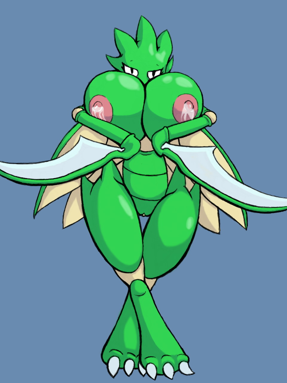 anthro arthropod big_breasts blue_background breasts female huge_breasts i-am-that-japanesse insect lactating mantis nintendo pok&eacute;mon pok&eacute;mon_(species) pussy scyther simple_background video_games