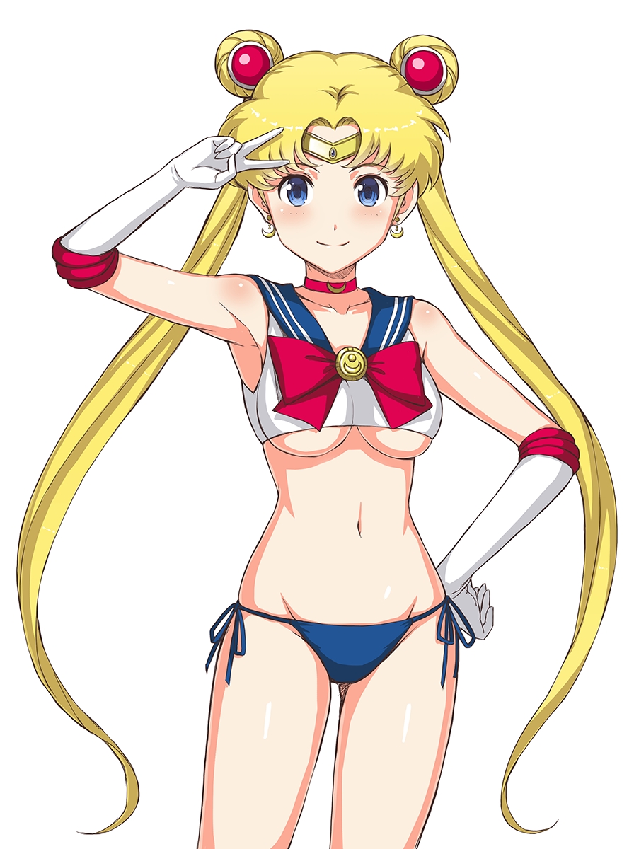 adapted_costume arm_up armpits ass_visible_through_thighs bangs bare_shoulders bikini bikini_bottom bishoujo_senshi_sailor_moon blonde_hair blue_bikini_bottom blue_eyes blue_ribbon blue_sailor_collar bow breasts choker closed_mouth collarbone cowboy_shot crescent crescent_earrings double_bun earrings elbow_gloves gloves hand_on_hip headpiece highres jchoy jewelry long_hair looking_at_viewer medium_breasts navel parted_bangs pink_choker red_bow ribbon sailor_collar sailor_moon sailor_moon_narikiri_bra_set side-tie_bikini smile solo standing stomach swimsuit tareme thighs tsukino_usagi twintails underboob v very_long_hair white_gloves