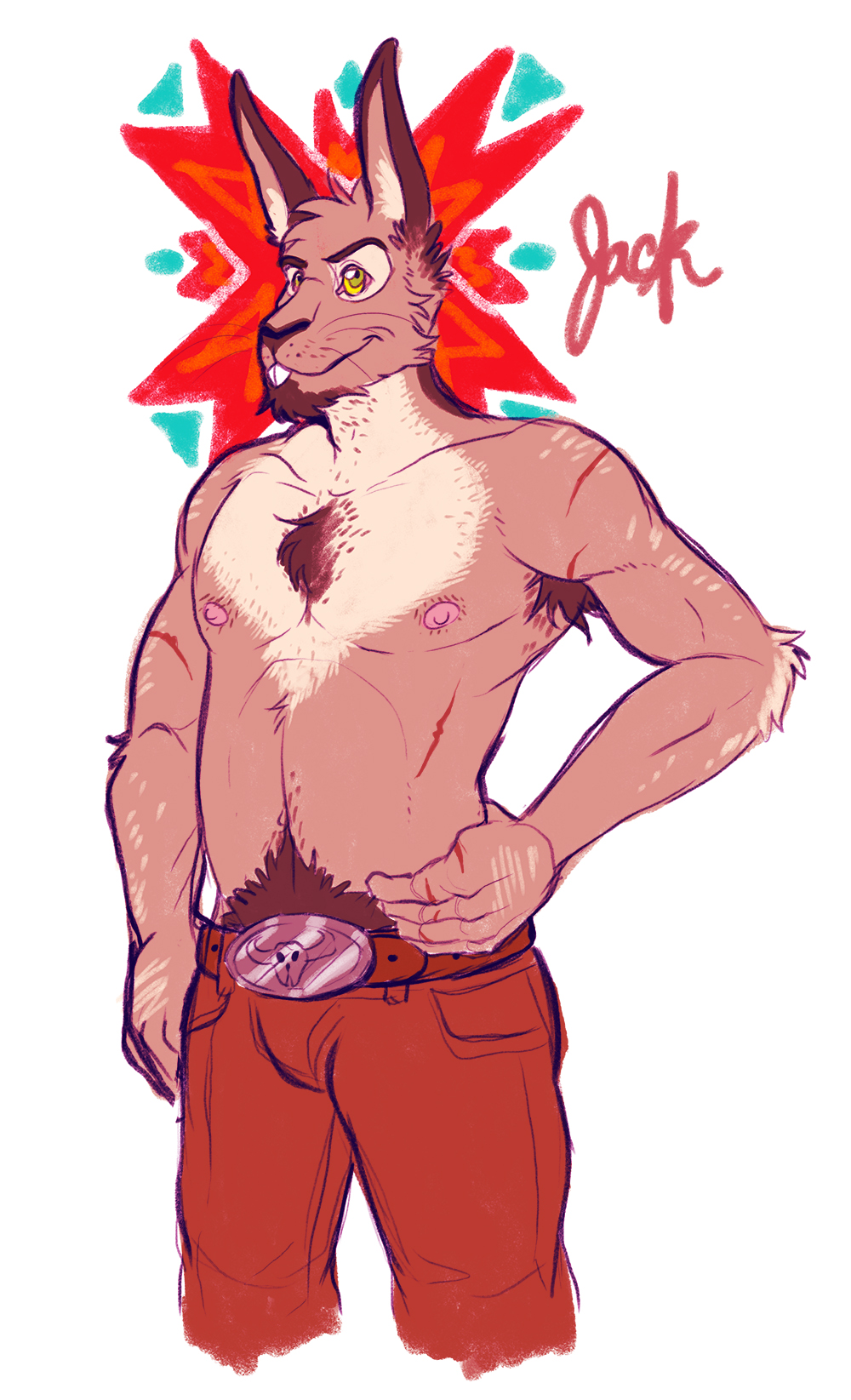 anthro arcarc armpit_hair belt body_hair chest_hair clothed clothing facial_hair goatee hi_res jack lagomorph male mammal muscular muscular_male nipples pants rabbit solo topless