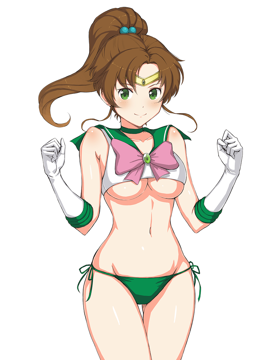 ass_visible_through_thighs bikini bikini_bottom bishoujo_senshi_sailor_moon blush body_blush bow breasts brooch brown_hair choker clenched_hands closed_mouth collarbone cowboy_shot crop_top crop_top_overhang gem gloves green_bikini_bottom green_choker green_eyes hands_up highres jchoy jewelry kino_makoto large_breasts long_hair looking_at_viewer navel pink_bow ponytail sailor_jupiter sailor_moon_narikiri_bra_set shiny shiny_skin side-tie_bikini simple_background smile solo standing stomach swimsuit tareme thigh_gap underboob w_arms white_background white_gloves