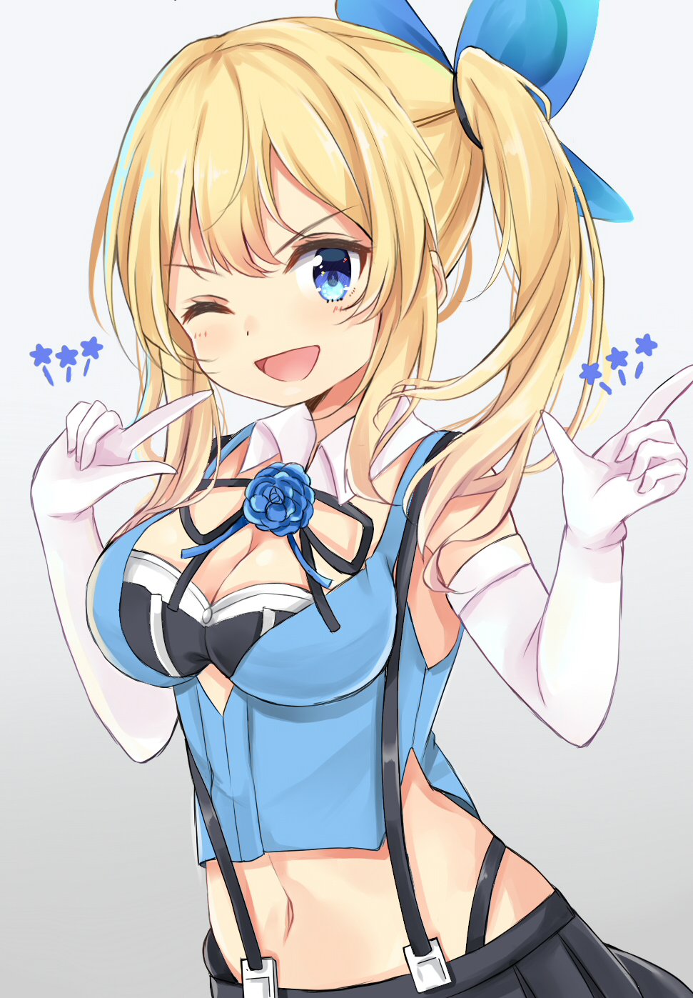 ;d amidada bangs bare_shoulders black_ribbon black_skirt blonde_hair blue_eyes blue_flower blue_ribbon blue_rose blue_shirt blush breasts cleavage commentary_request detached_collar elbow_gloves eyebrows_visible_through_hair flower gloves gradient gradient_background grey_background hair_ribbon highres long_hair looking_at_viewer medium_breasts mirai_akari mirai_akari_project one_eye_closed open_mouth pleated_skirt ribbon rose shirt side_ponytail skirt sleeveless sleeveless_shirt smile solo star suspender_skirt suspenders v-shaped_eyebrows virtual_youtuber white_collar white_gloves wing_collar