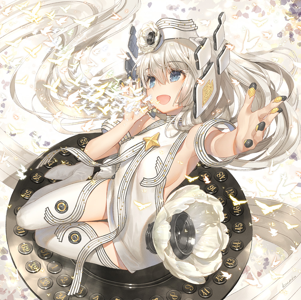 1girl animal bangs bare_arms bare_shoulders bird blue_eyes boots breasts commentary_request dress eyebrows_visible_through_hair grey_hair hair_between_eyes hat headgear kawaku long_hair looking_away original outstretched_arm sideboob sleeveless sleeveless_dress small_breasts solo star thigh_boots thighhighs very_long_hair white_dress white_footwear white_hat white_legwear