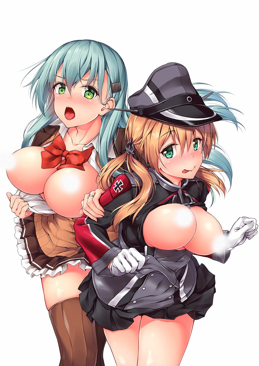 2girls :p anchor_hair_ornament aqua_eyes aqua_hair ascot awa_yume bangs black_skirt blonde_hair blush bow bowtie breasts breasts_outside brown_legwear cardigan censored eyebrows_visible_through_hair gloves green_eyes hair_ornament hairclip hand_on_another's_arm hand_on_another's_arm hat iron_cross jacket jewelry kantai_collection large_breasts light_censor long_hair long_sleeves looking_at_viewer low_twintails military military_uniform miniskirt multiple_girls open_cardigan open_clothes open_mouth peaked_cap petticoat pleated_skirt prinz_eugen_(kantai_collection) red_neckwear ring school_uniform shirt sidelocks simple_background skindentation skirt smile suzuya_(kantai_collection) thighhighs tongue tongue_out twintails uniform vest wedding_band white_background white_gloves