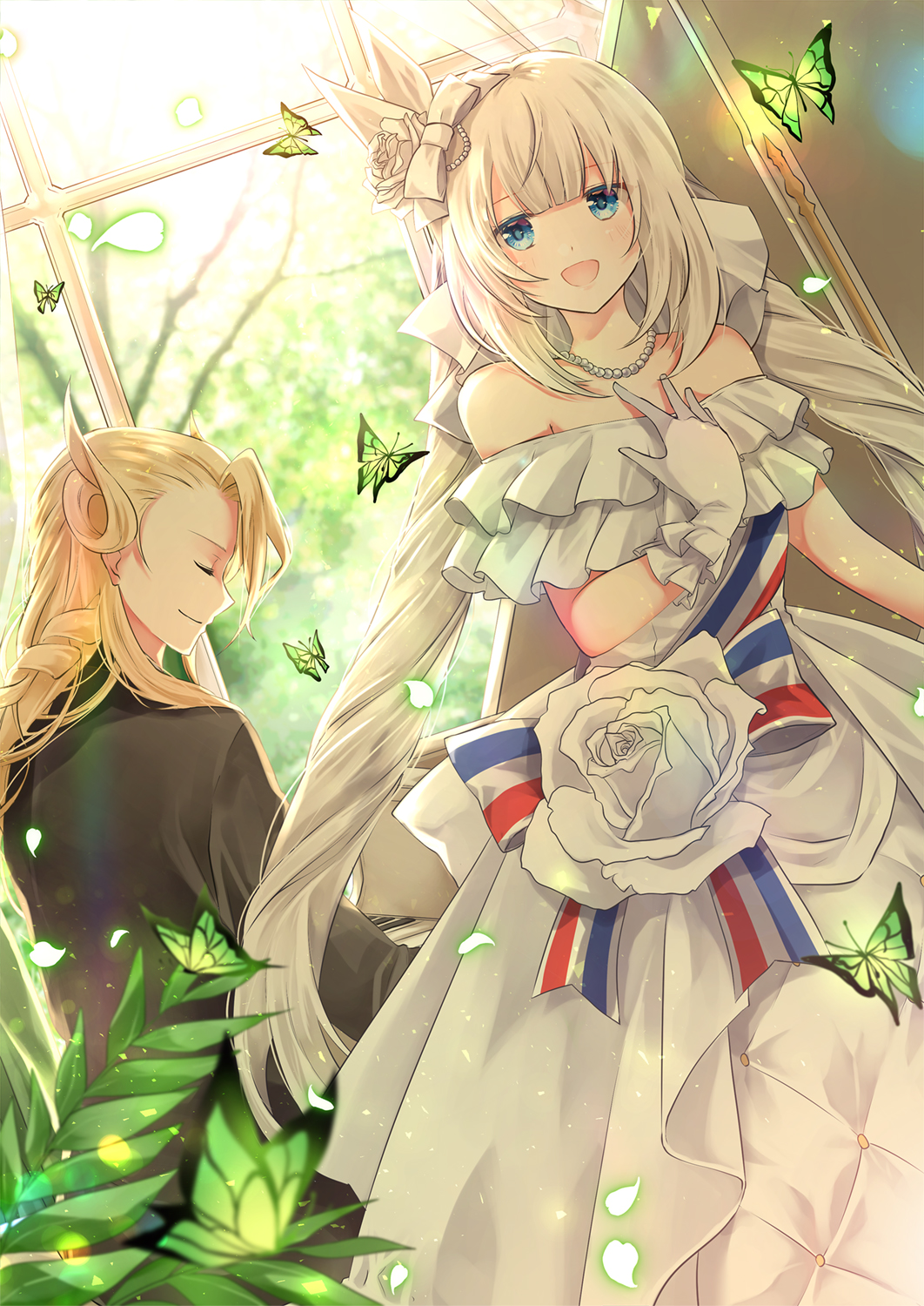 1boy 1girl :d bare_shoulders blonde_hair blue_eyes bow bug butterfly dress eyes_closed fate/grand_order fate_(series) flower gloves hair_bow hair_flower hair_ornament highres insect iroha_(shiki) jewelry leaf long_hair looking_at_viewer marie_antoinette_(fate/grand_order) multicolored_bow necklace open_mouth profile rose smile strapless strapless_dress twintails white_bow white_dress white_flower white_gloves white_hair white_rose wolfgang_amadeus_mozart_(fate/grand_order)