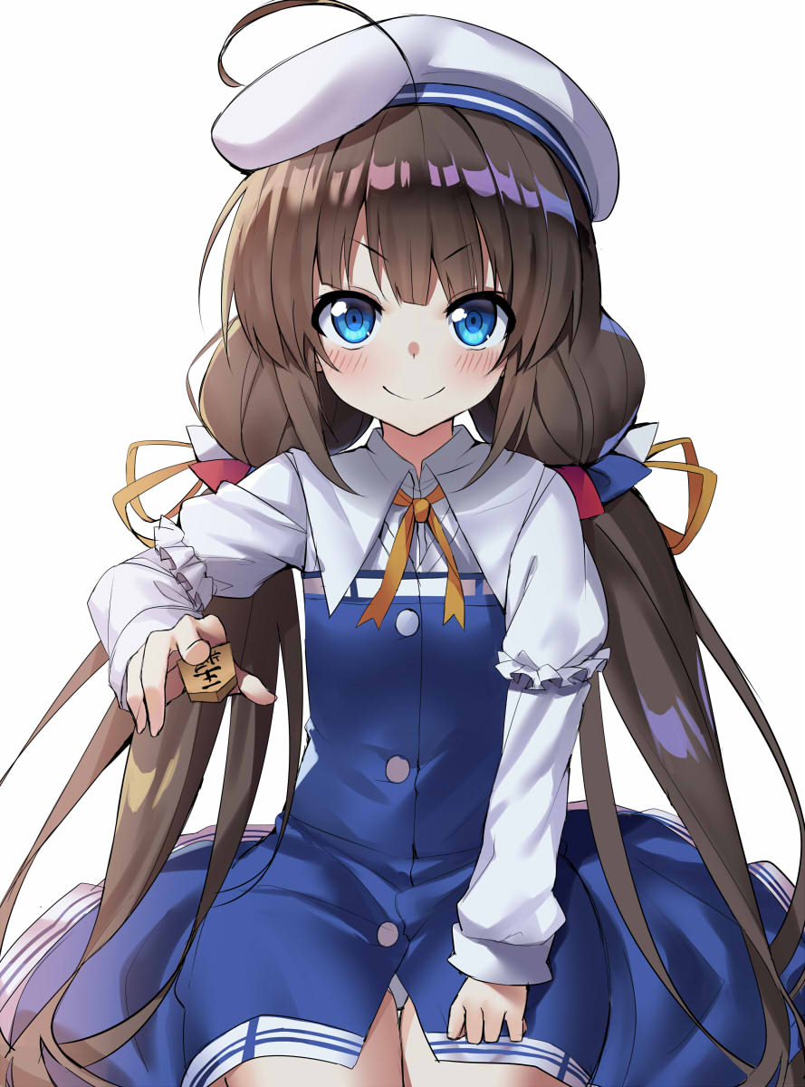 ahoge beret between_fingers blue_dress blue_eyes blush board_game brown_hair closed_mouth commentary_request dress google_(asdek18) hat highres hinatsuru_ai holding long_hair long_sleeves low_twintails panties panty_peek puffy_short_sleeves puffy_sleeves ryuuou_no_oshigoto! school_uniform short_over_long_sleeves short_sleeves shougi simple_background sitting smile solo twintails underwear v-shaped_eyebrows very_long_hair white_background white_hat white_panties