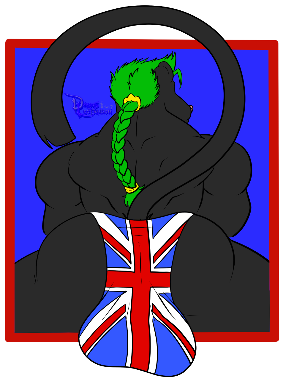 anthro big_bulge british_flag bulge butt clothing darius_leodragon feline hair male mammal muscular muscular_male ponytail rear_view solo underwear