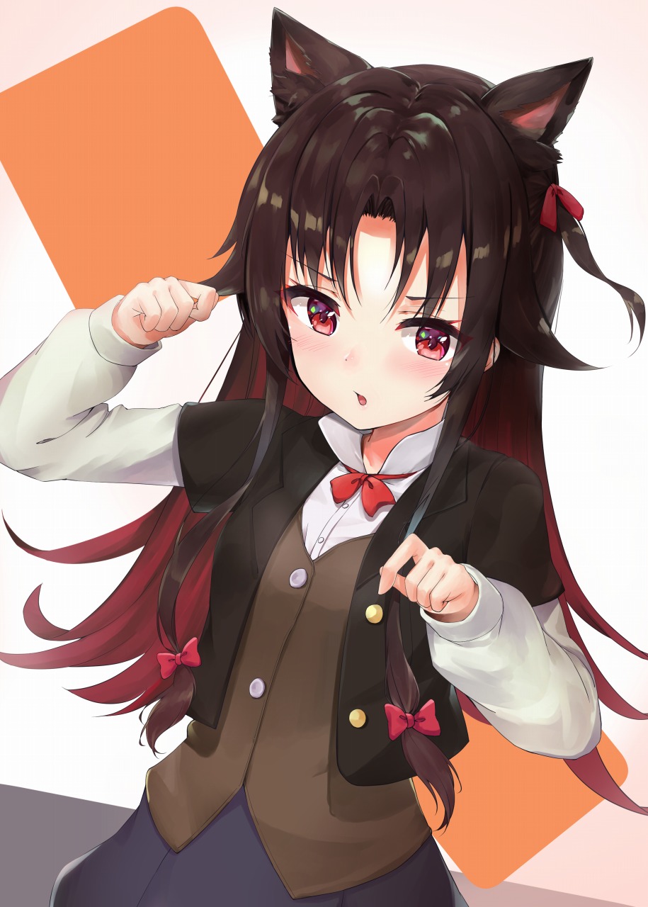 animal_ears bangs black_jacket blush bow brown_hair brown_vest cat_ears commentary_request eyebrows_visible_through_hair gradient_hair hair_between_eyes hair_bow hair_ribbon hands_up highres jacket kemonomimi_mode long_hair long_sleeves looking_at_viewer multicolored_hair one_side_up parted_lips racchi. red_bow red_eyes red_hair red_ribbon ribbon ryuuou_no_oshigoto! shirt short_over_long_sleeves short_sleeves sidelocks solo very_long_hair vest white_shirt yashajin_ai