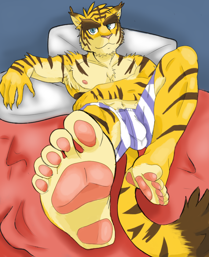 boxers_(clothing) bulge clothing feet feline male male/male mammal morenatsu pawpads septopus_(artist) tiger torahiko_(morenatsu) underwear