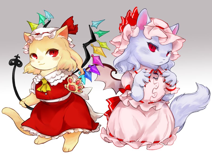 2girls :&lt; :3 animal animalization bow cat chamaruku closed_mouth clothed_animal commentary_request fingernails flandre_scarlet frilled_sleeves frills half-closed_eyes hat lavender_fur lavender_hair looking_at_viewer mob_cap multiple_girls nail_polish no_eyebrows paws pink_hat pink_wings red_bow red_eyes red_nails remilia_scarlet sharp_fingernails short_sleeves slit_pupils touhou translation_request wings yellow_neckwear
